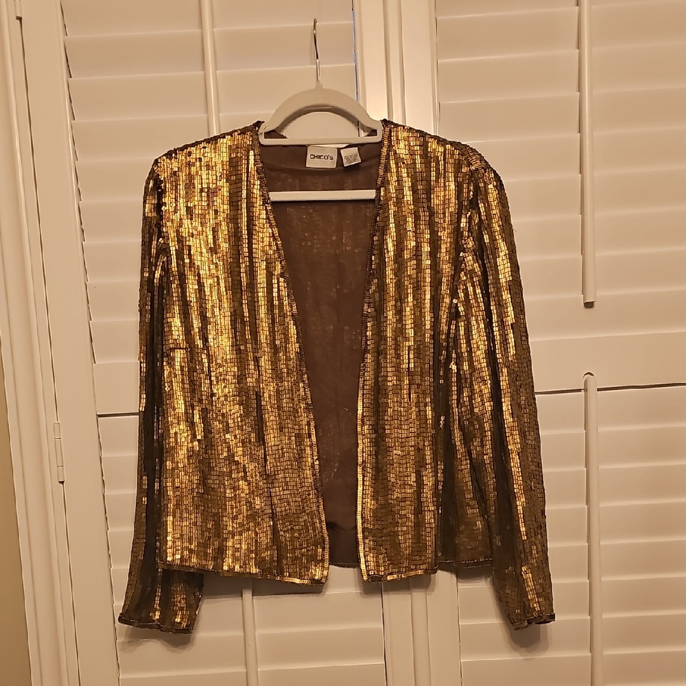 Chico's Lady Tut Metallic Gold Sequin Open-Front Blazer
